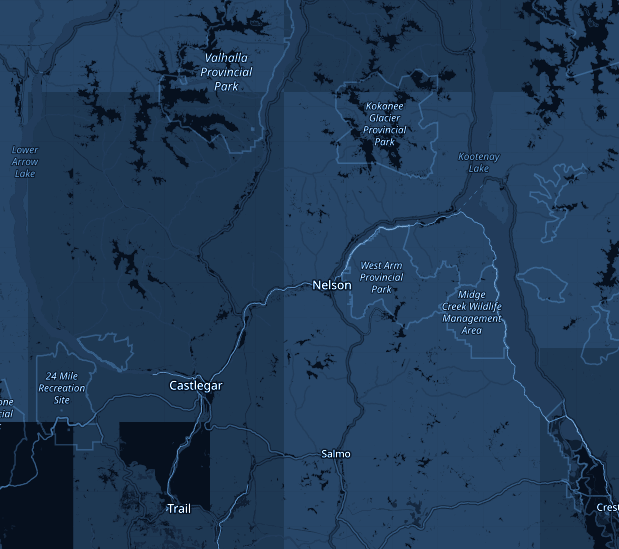 Map of the West Kootenays region showing communities served by SUMMIT Lighting Systems: Kaslo, Slocan Valley, Nelson, Castlegar, Salmo, Trail, Rossland, Warfield, Montrose, and Fruitvale.